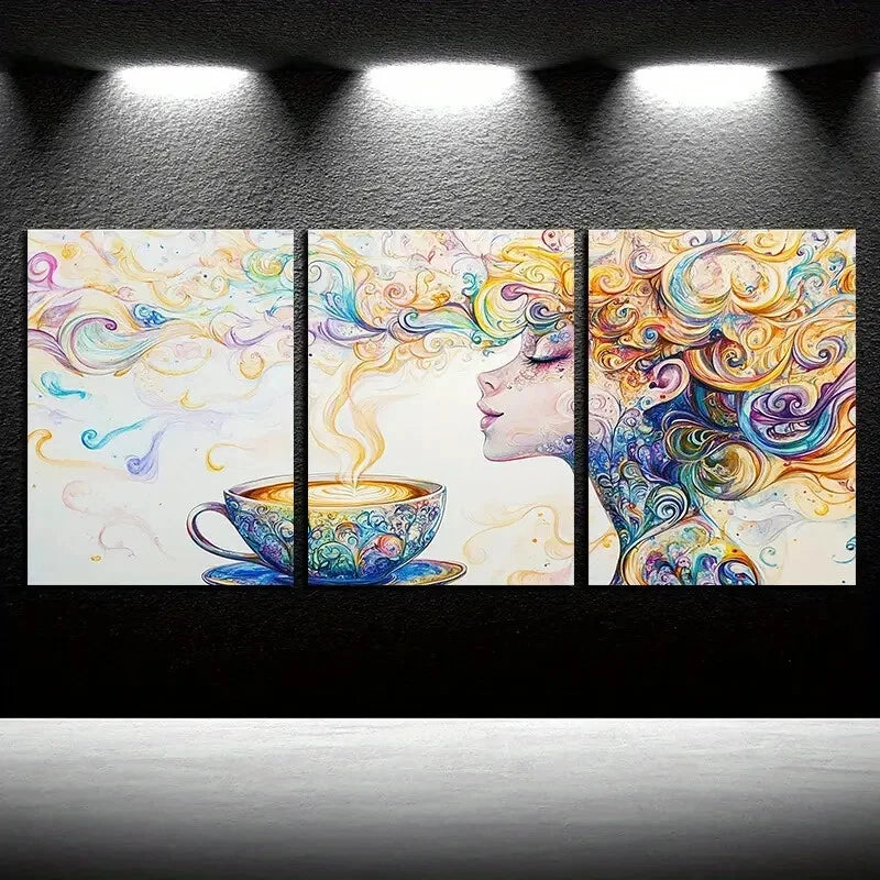 3pcs Vibrant Abstract Coffee Cup and Swirls Metal Print Ready to Hang Art