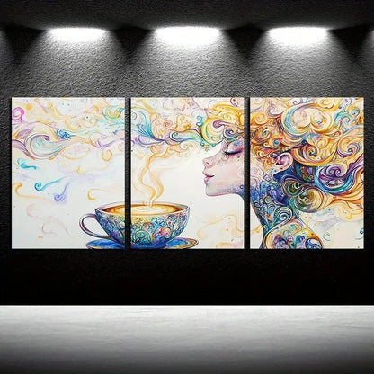 3pcs Vibrant Abstract Coffee Cup and Swirls Metal Print Ready to Hang Art
