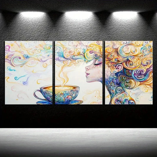3pcs Vibrant Abstract Coffee Cup and Swirls Metal Print Ready to Hang Art