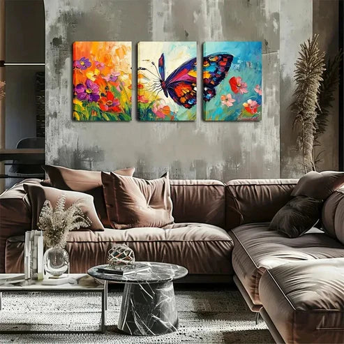 3pcs Vibrant Butterfly and Flower Triptych Wall Art Canvas Unframed - High Quality Print 100% Australian Made Wall Canvas
