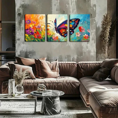 3pcs Vibrant Butterfly and Flower Triptych Wall Art Canvas Unframed - High Quality Print 100% Australian Made Wall Canvas