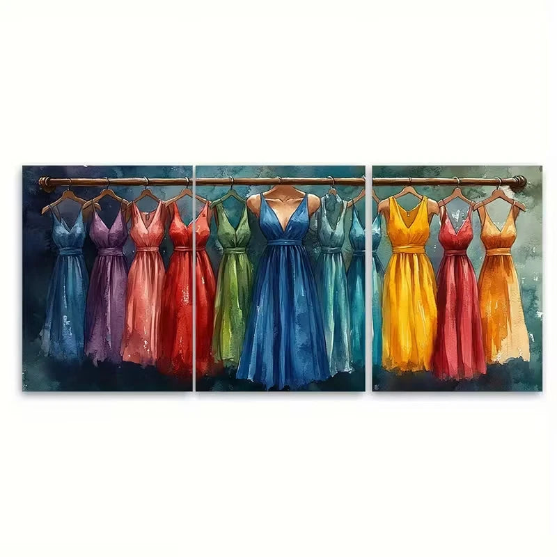 3pcs Fashion Clothes Rail Watercolour Illustration Metal Print Ready to Hang Art