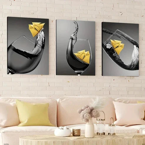 3pcs Abstract Black & Yellow Accents Wine Glass Wall Art Canvas Unframed - High Quality Print 100% Australian Made Wall Canvas