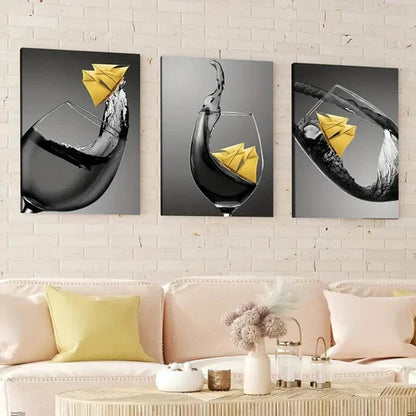 3pcs Abstract Black & Yellow Accents Wine Glass Wall Art Canvas Unframed - High Quality Print 100% Australian Made Wall Canvas