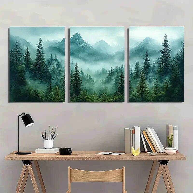 3pcs Foggy Mountain & Pine Tree Landscape Scenery Metal Print Ready to Hang Art