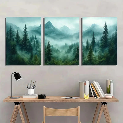 3pcs Foggy Mountain & Pine Tree Landscape Scenery Metal Print Ready to Hang Art