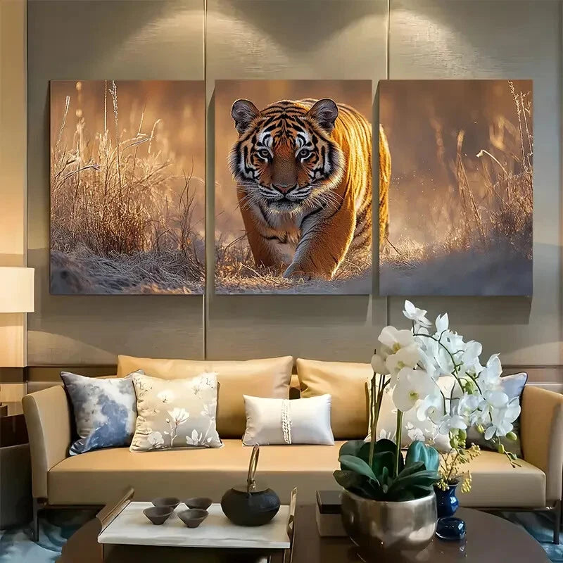 3pcs Tiger Stalking In Jungle Pounce Metal Print Ready to Hang Art