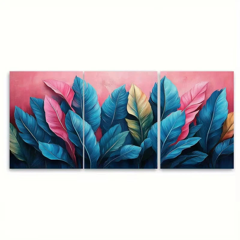 3pcs Jungle Foliage Pink Blue Teal Leaves Wall Art Set Canvas Framed 40x60cm - High Quality Print 100% Australian Made Wall Canvas Ready to Hang