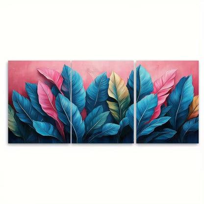 3pcs Jungle Foliage Pink Blue Teal Leaves Wall Art Set Canvas Framed 40x60cm - High Quality Print 100% Australian Made Wall Canvas Ready to Hang