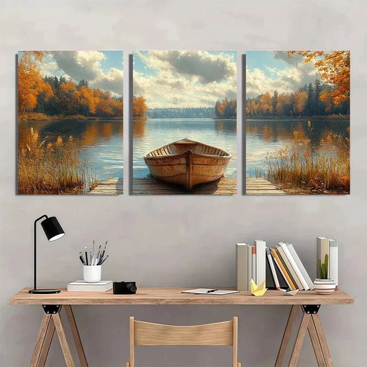 3pcs Rustic Lake Serene Autumn Scene Metal Print Ready to Hang Art
