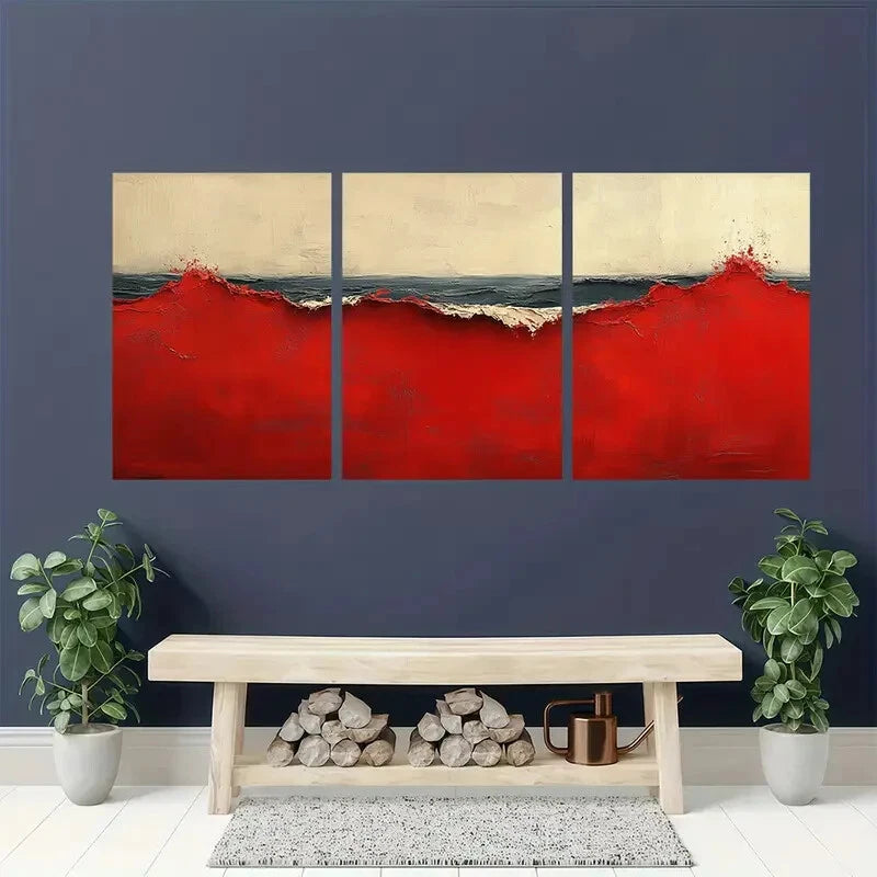 3pcs Abstract Red & Beige Wabi Sabi Texture Metal Print Ready to Hang Art