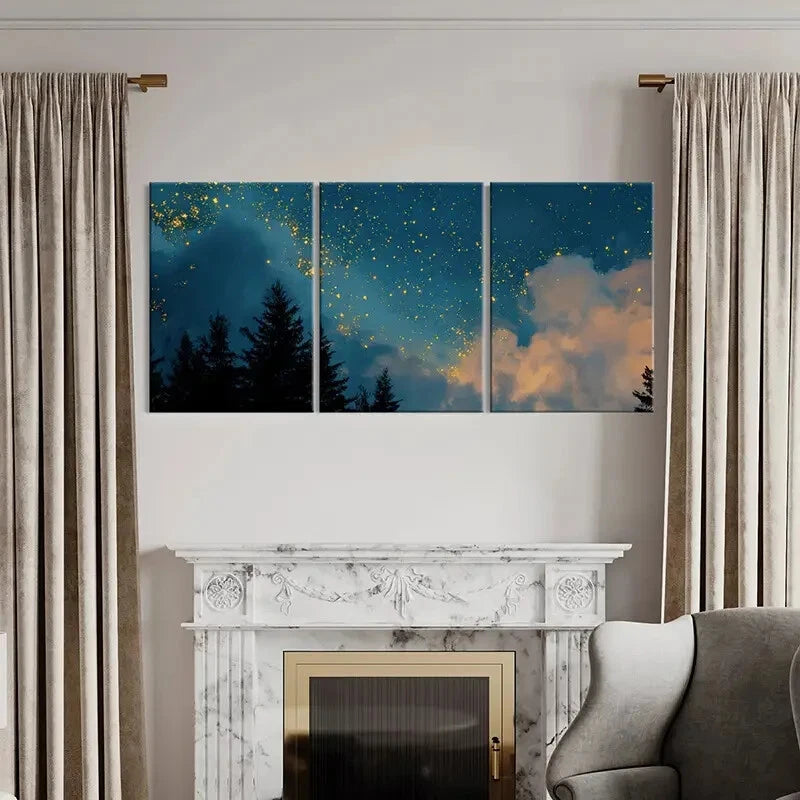 3pcs Starry Night Sky Pine Trees Silhouette Metal Print Ready to Hang Art
