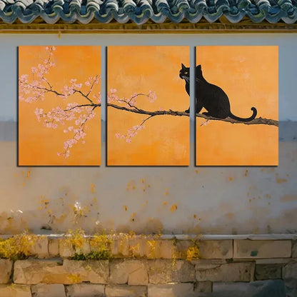 3pcs Cat and Cherry Blossom Branches Metal Print Ready to Hang Art