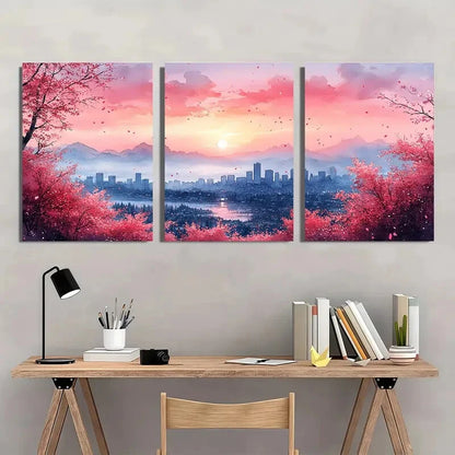 3pcs Cherry Blossom Cityscape Sunset Skyline Metal Print Ready to Hang Art