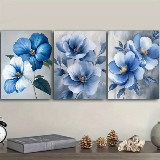 3pcs Paintings Featuring Blue Flowers Metal Print Ready to Hang Art