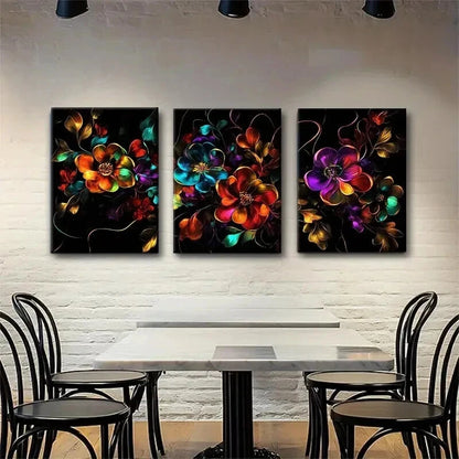 3pcs Colorful Blooming Flowers on Black  Perfect Wall Art Set Canvas Framed 40x60cm - High Quality Print 100% Australian Made Wall Canvas Ready to Hang