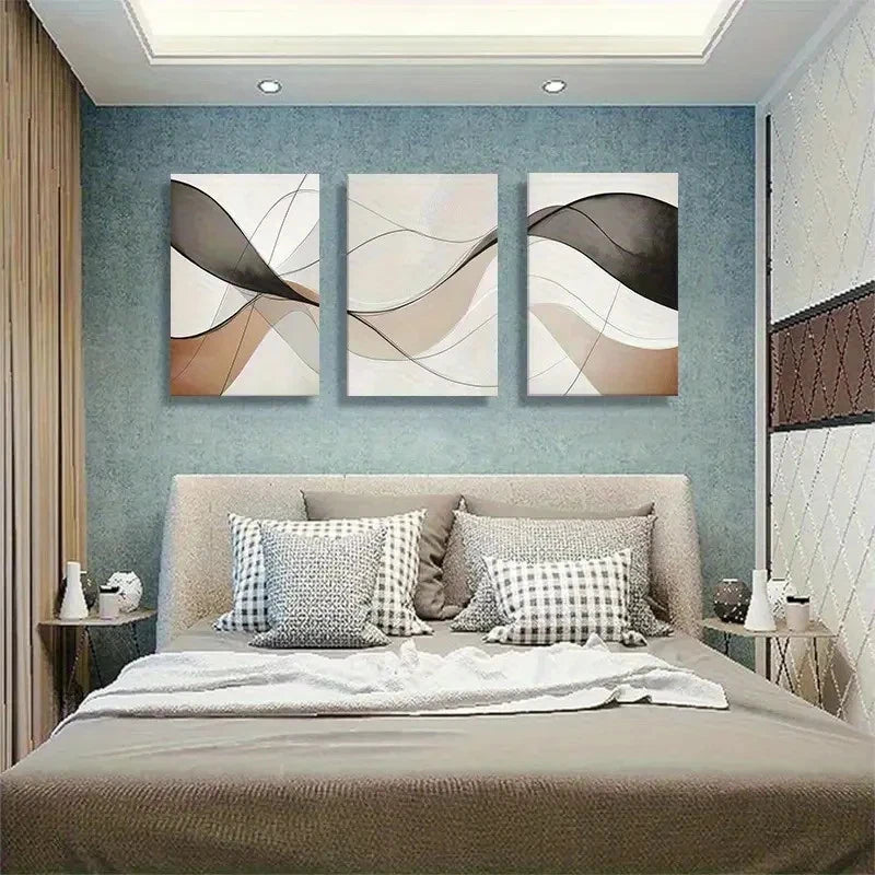 3pcs Abstract Beige & Black Geometric Design Metal Print Ready to Hang Art