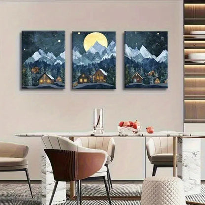 3pcs Cozy Alpine Village Under Starry Sky Moonlit Metal Print Ready to Hang Art