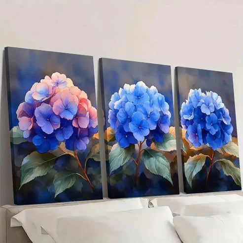 3pcs Hydrangea Painting Backlit Hydrangeas Wall Art Canvas Unframed - High Quality Print 100% Australian Made Wall Canvas