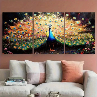 3pcs Vibrant Peacock with Detailed Feathers Design Metal Print Ready to Hang Art