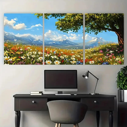 3pcs Meadow Wildflower Field Tree & Flowers Metal Print Ready to Hang Art