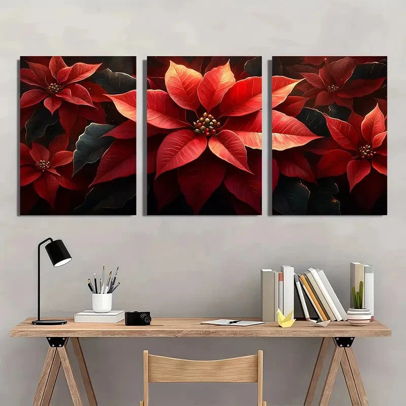 3pcs Red & Green Vibrant Poinsettia Metal Print Ready to Hang Art