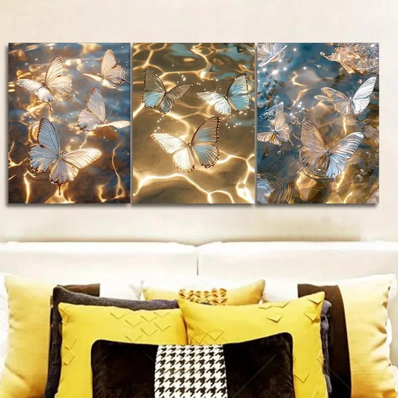 3pcs Butterflies on Golden Water Metal Print Ready to Hang Art