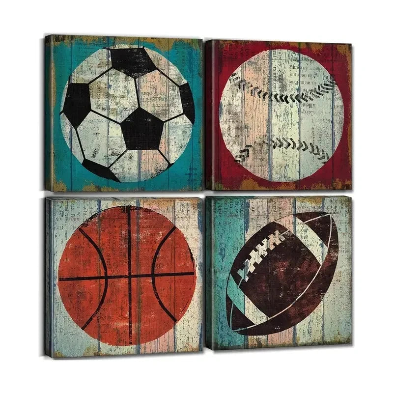 4pcs Teen Boys Bedroom Sports Wall Art Canvas Framed