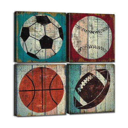 4pcs Teen Boys Bedroom Sports Wall Art Canvas Framed
