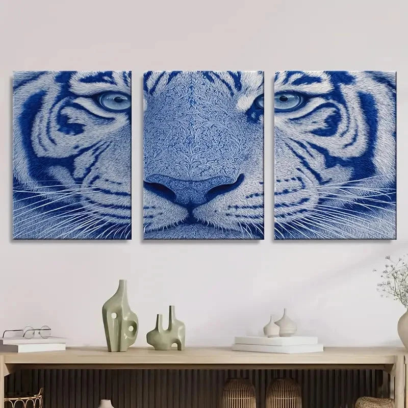 3pcs blue white tiger Wall Art Set Canvas Framed 50x70cm - High Quality Print 100% Australian Made Wall Canvas Ready to Hang