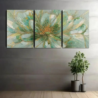 3pcs Flower with Light Green-Golden and Golden Metal Print Ready to Hang Art