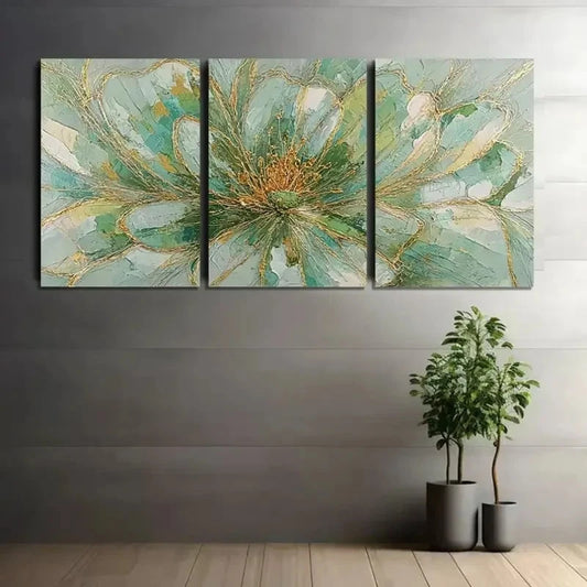 3pcs Flower with Light Green-Golden and Golden Metal Print Ready to Hang Art