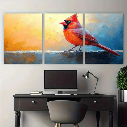 3pcs Vibrant Cardinal Bird Impasto Illustration Metal Print Ready to Hang Art