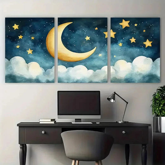 3pcs Crescent Moon Stars Kids Room Watercolor Metal Print Ready to Hang Art