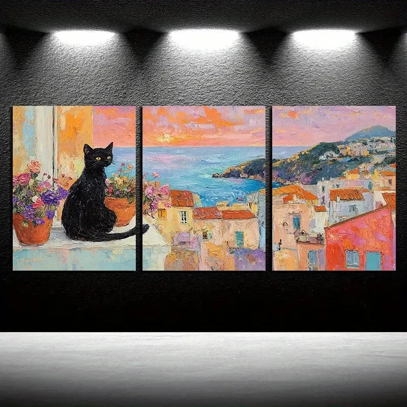 3pcs Vibrant Cat by Scenic View, Modern design Metal Print Ready to Hang Art