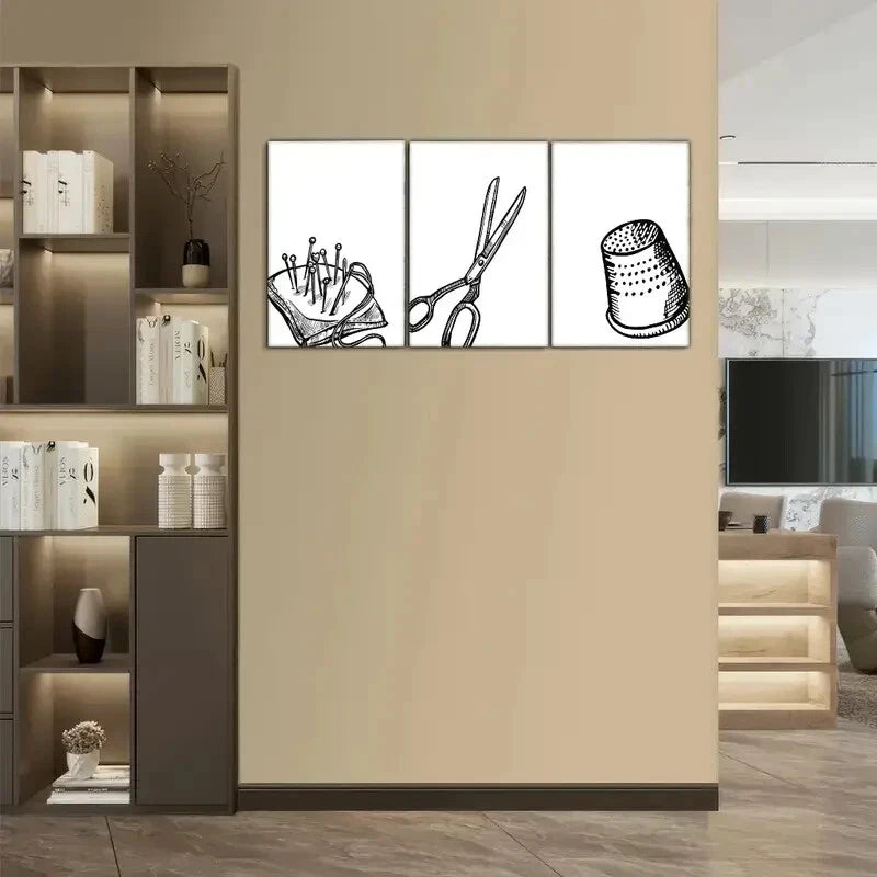 3pcs Sewing Needles Scissors Bucket Sewing Art Metal Print Ready to Hang Art