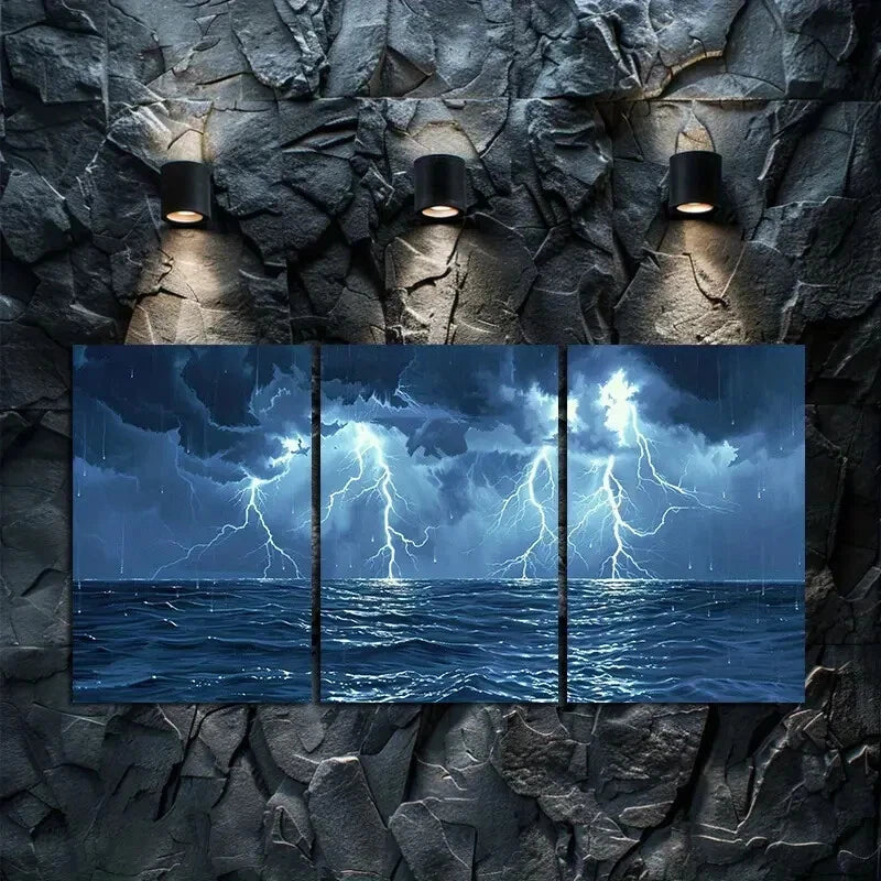 3pcs Tormenta Beach Scene Lightning Metal Print Ready to Hang Art