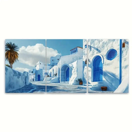 3pcs Blue and White Tunisian Village Sidi Bou Said Metal Print Ready to Hang Art