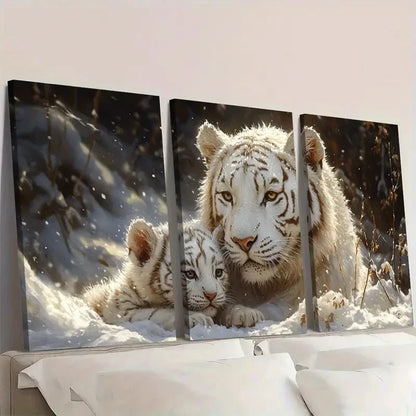 3pcs White Tiger Mother and Cub Painting Wall Art Set Canvas Framed 50x70cm - High Quality Print 100% Australian Made Wall Canvas Ready to Hang