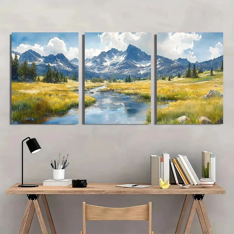 3pcs Watercolor Mountain Valley Landscape Metal Print Ready to Hang Art