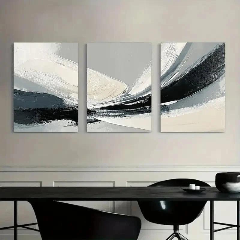 3pcs Abstract Black Gray and White Brushstroke Metal Print Ready to Hang Ar