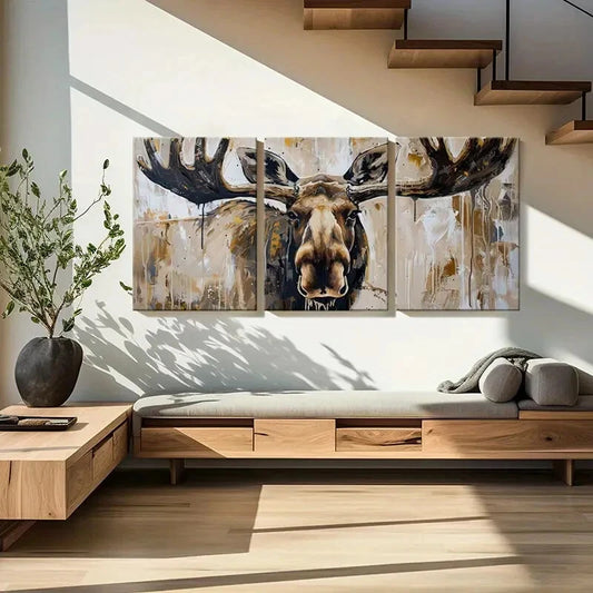 3pcs Abstract Moose Art Wildlife Painting Metal Print Ready to Hang Art