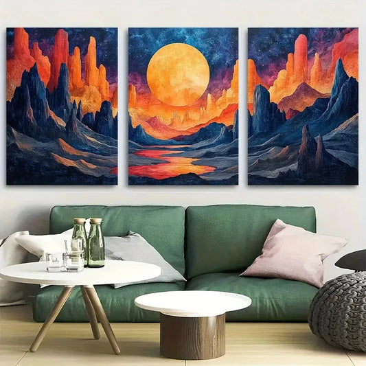 3pcs Deco Scifi Painting of an Alien World Metal Print Ready to Hang Art