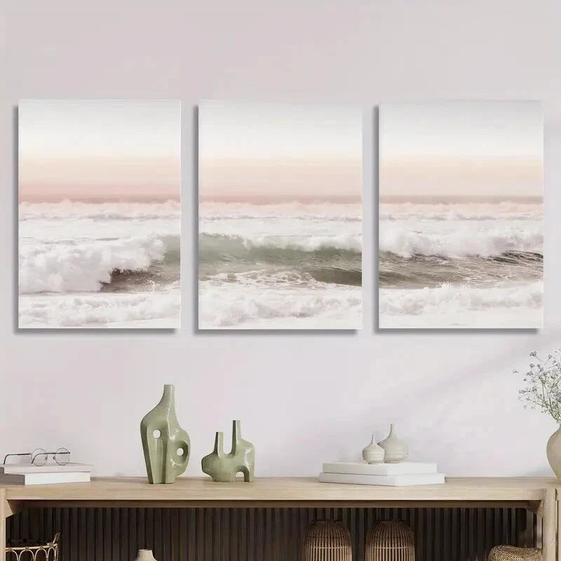 3pcs Pink Coast Sunset, Ocean Scenery, Metal Print Ready to Hang Art