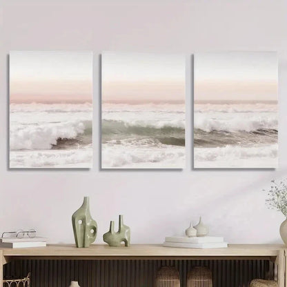 3pcs Pink Coast Sunset, Ocean Scenery, Metal Print Ready to Hang Art