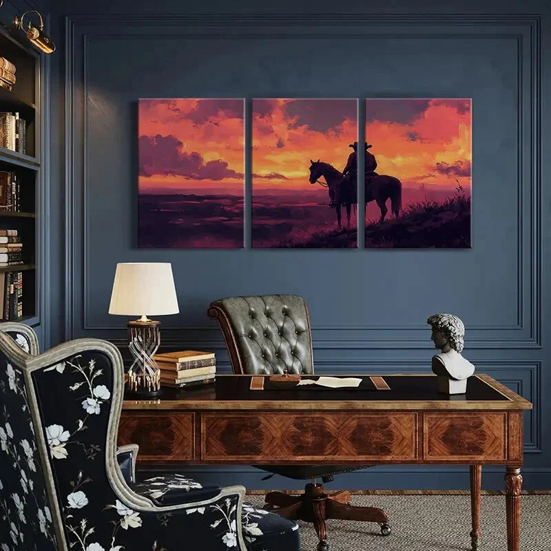 3pcs Western Cowboy Sunset Landscape Art Metal Print Ready to Hang Art