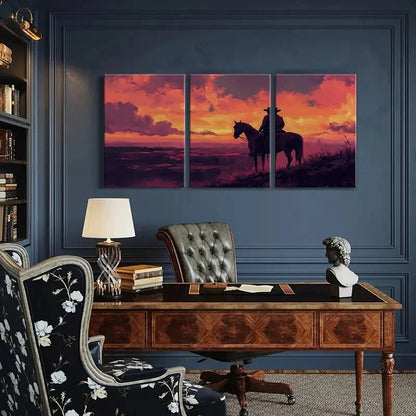 3pcs Western Cowboy Sunset Landscape Art Metal Print Ready to Hang Art