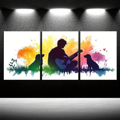 3pcs Vibrant Guitar Player & Dog Illustration Metal Print Ready to Hang Art