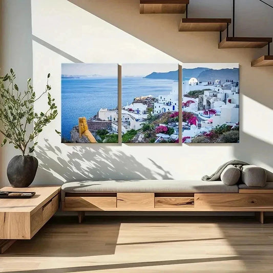 3pcs Santorini Greece & Aegean Sea Wall Art Set Canvas Framed 50x70cm - High Quality Print 100% Australian Made Wall Canvas Ready to Hang