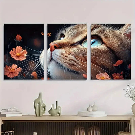 3pcs Vibrant Cat and Flower Blue Eyed Cat Metal Print Ready to Hang Art